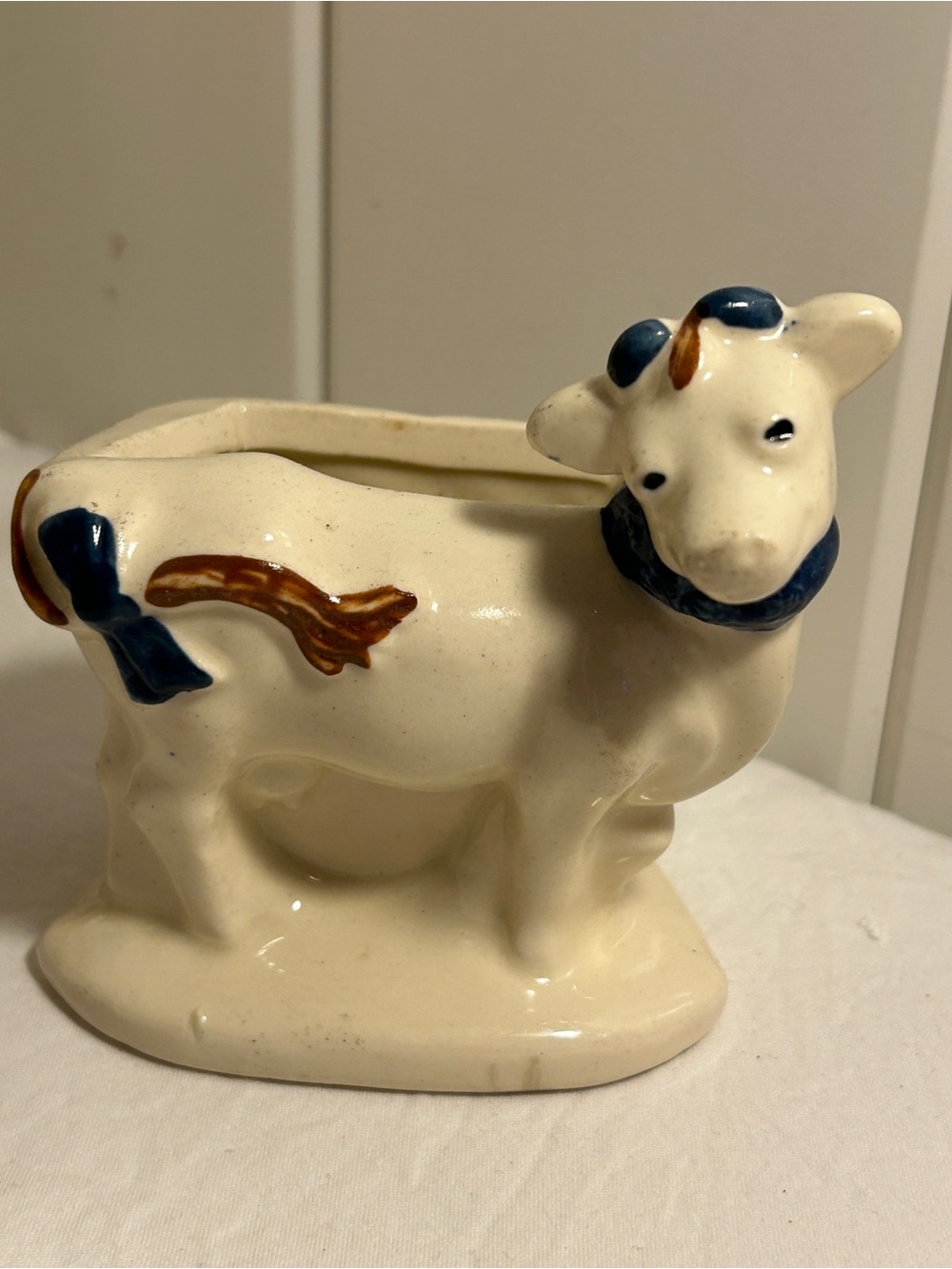 Vintage 1950s Ceramic Cow Planter White Blue Bow Farmhouse Novelty Kitsch 4.5”